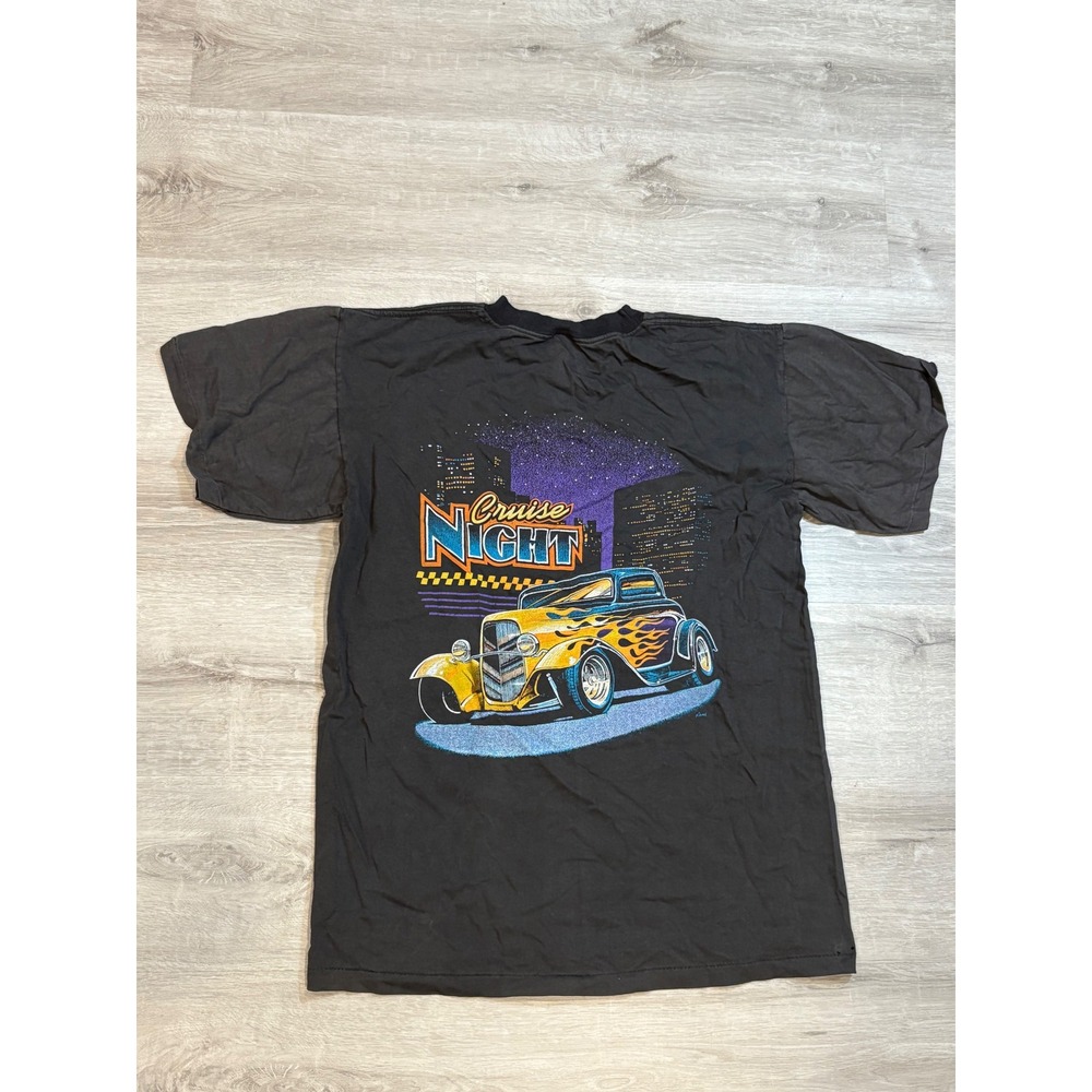 Vintage Cruise Night Hot Rod Car Graphic T-Shirt Black Cotton‎ Large